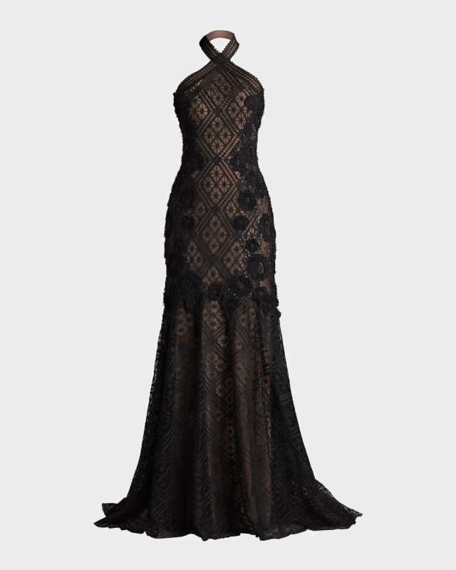 Beaded Floral Applique Lace Halter Gown